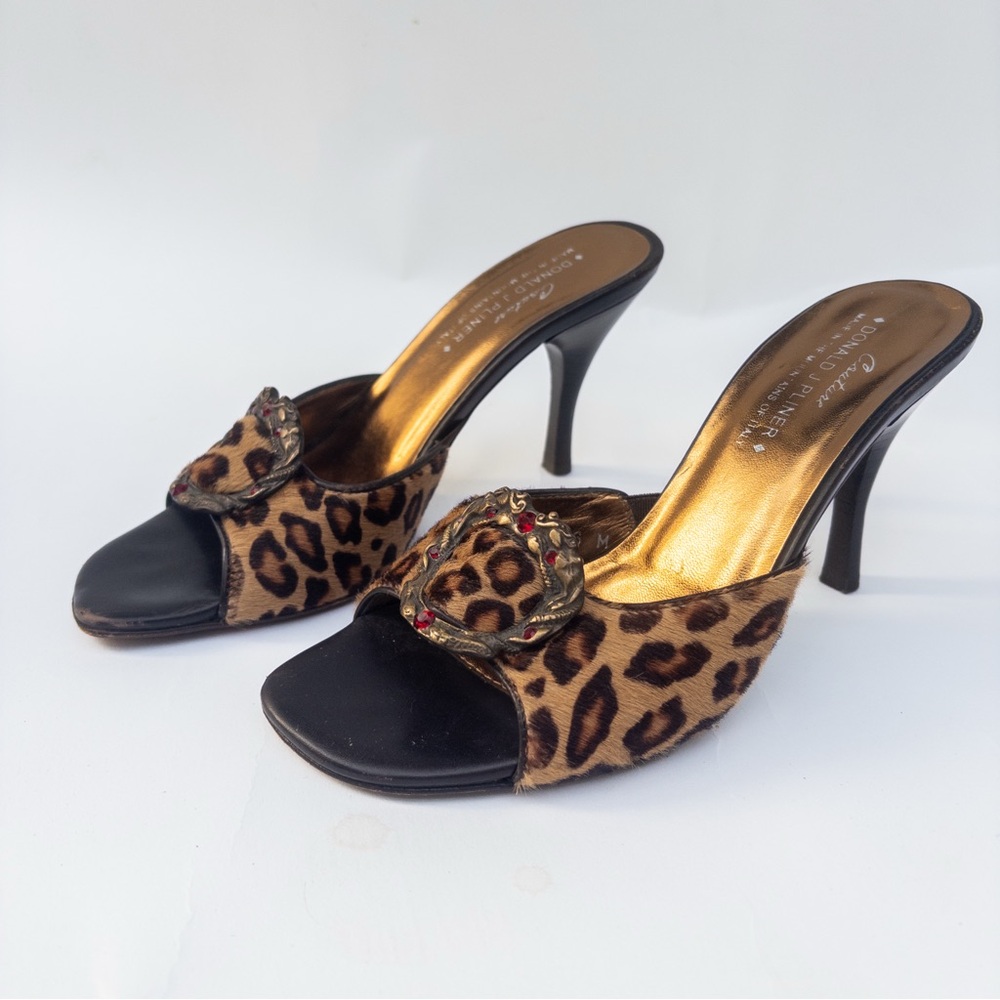 Designer Cheetah Print Cow Hair Sandal Heels with Metal and Rhinestone Buckle